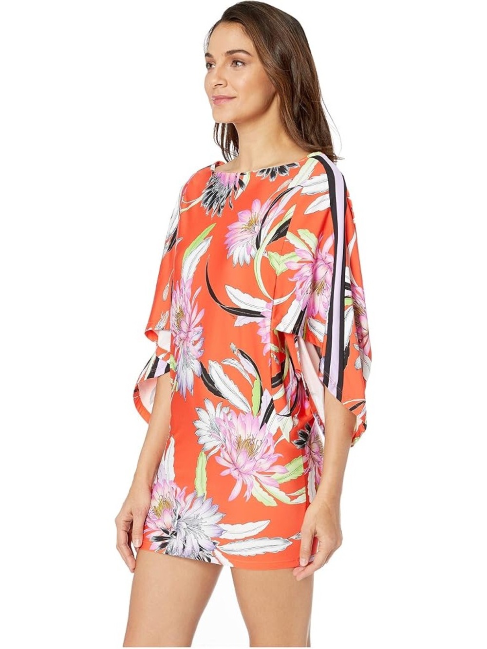 Trina Turk Floral Orange Shift Dress with Batwing Sleeves